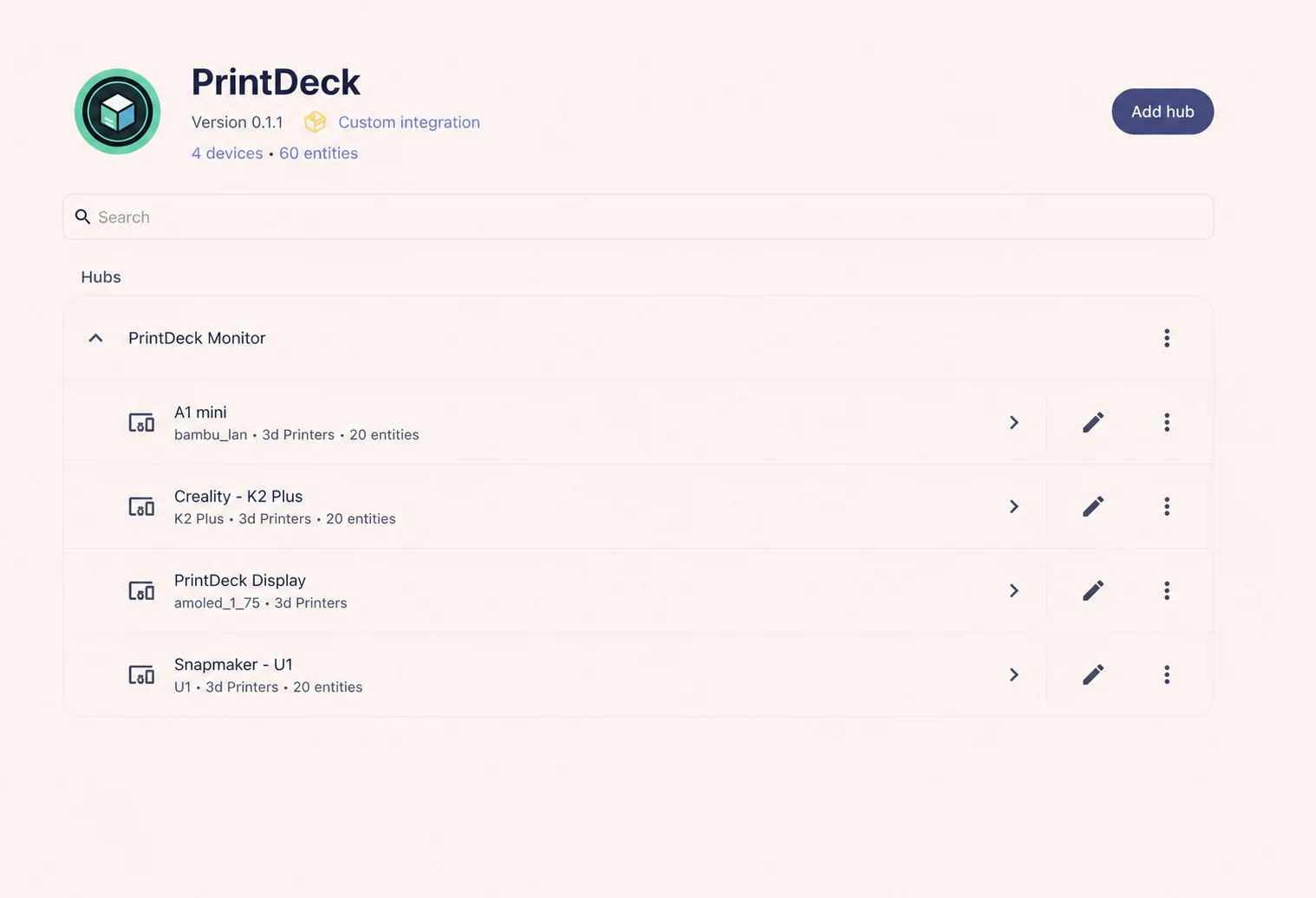 PrintDeck integration page showing one hub and four printer devices