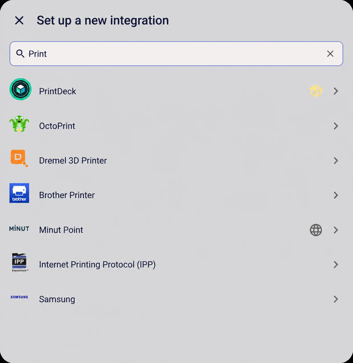 Home Assistant Add integration search showing PrintDeck