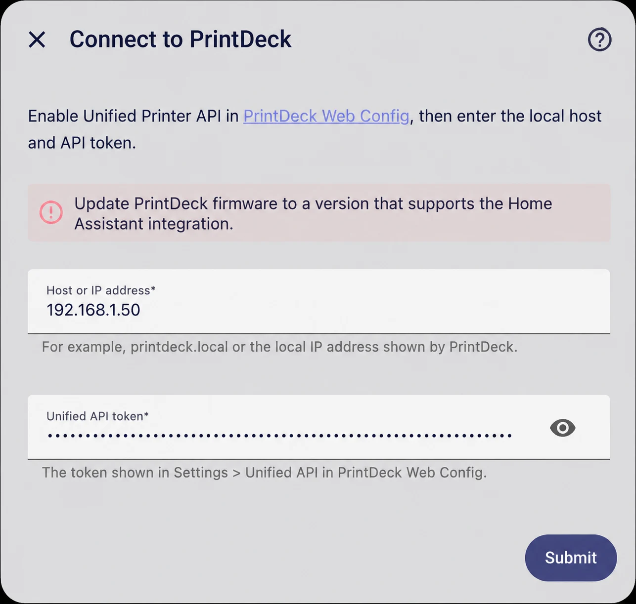 Home Assistant PrintDeck connection form showing a firmware update warning