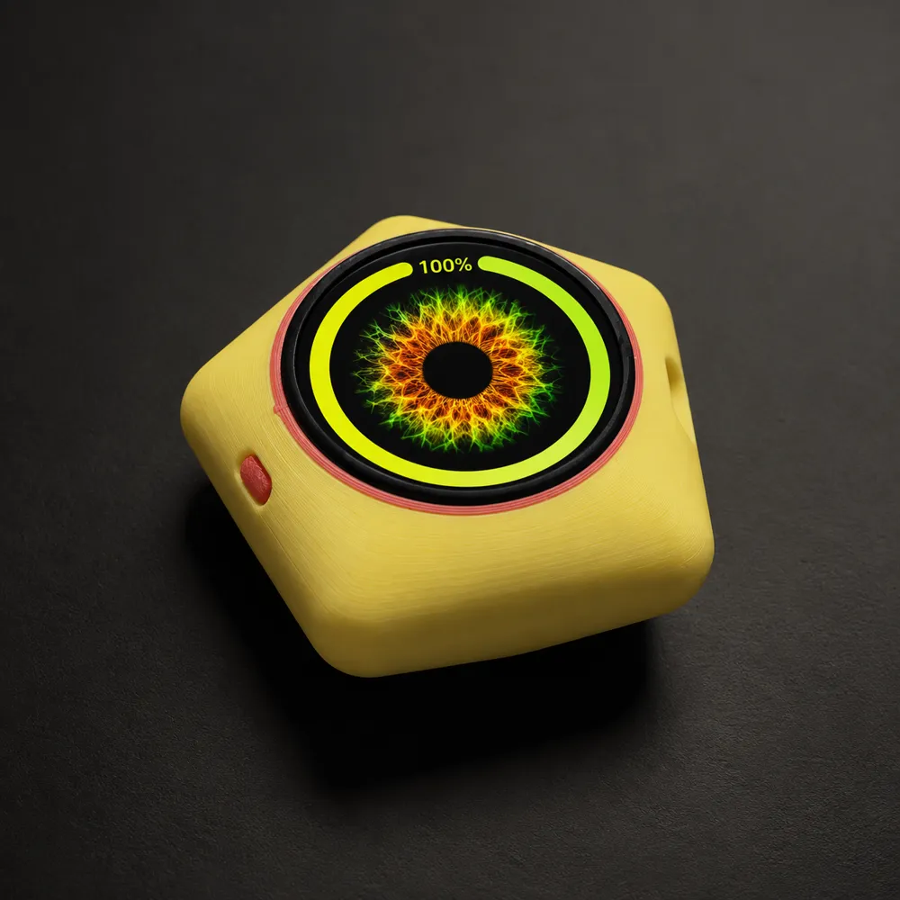 Yellow The Cinquefoil case with a red display collar and button, viewed at an angle