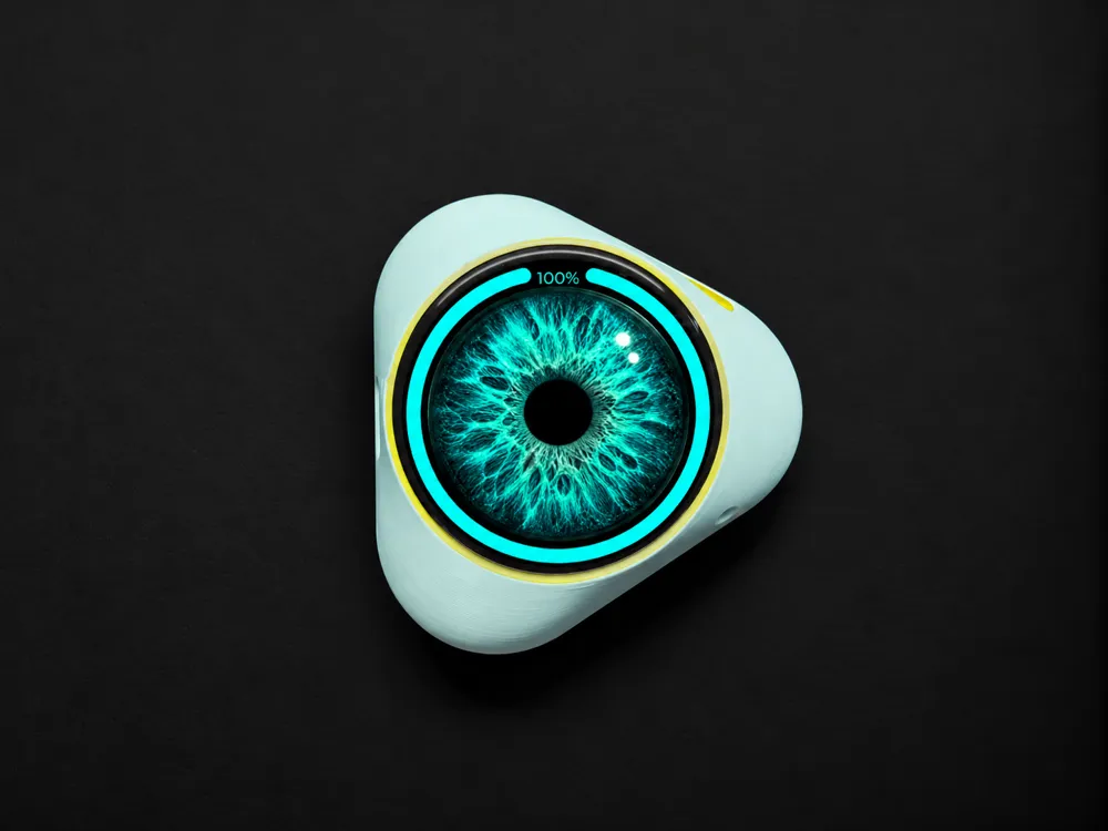The Trillium case with a yellow display collar and an eye on the screen