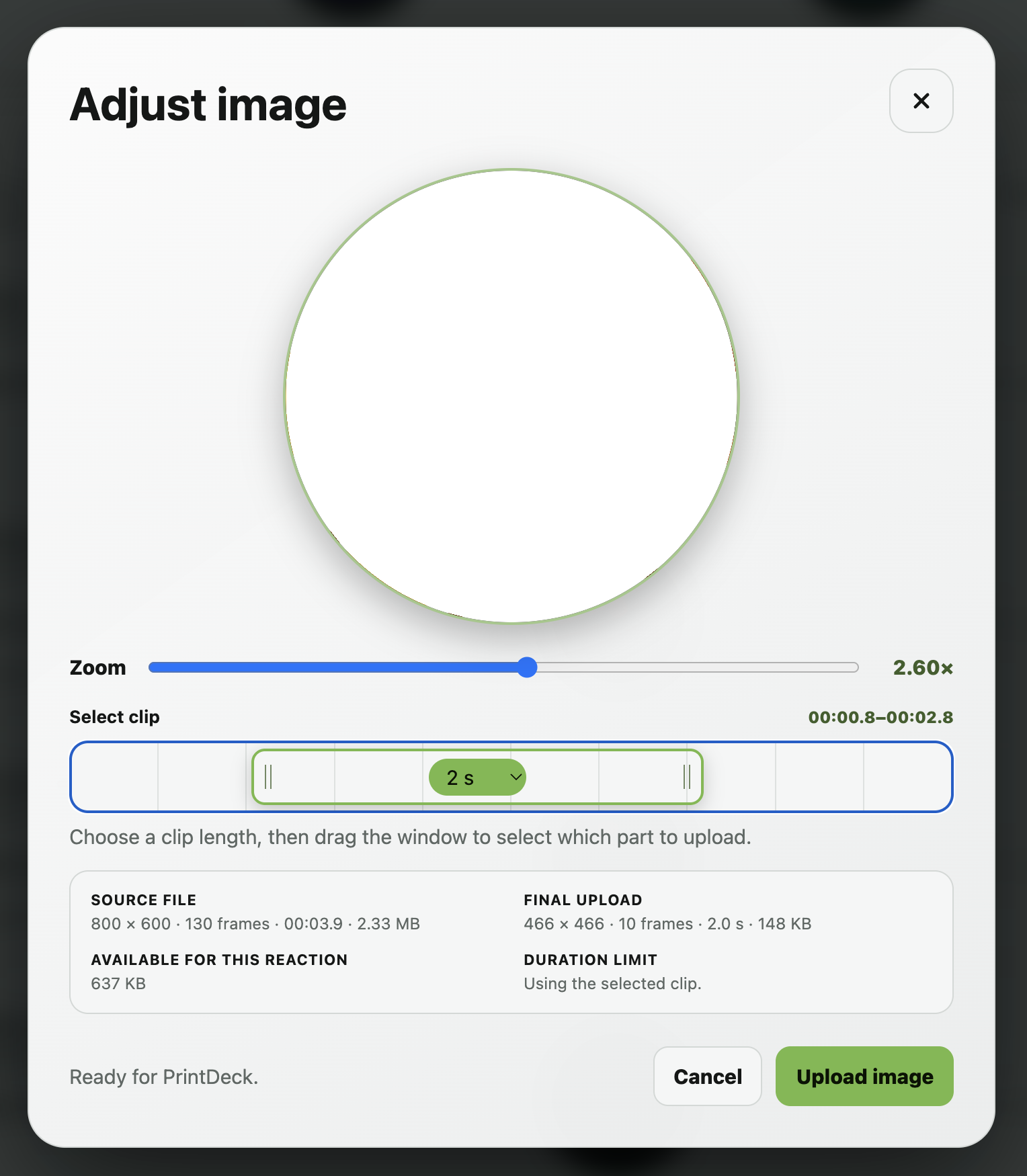 PrintDeck image editor with zoom and clip selection before upload