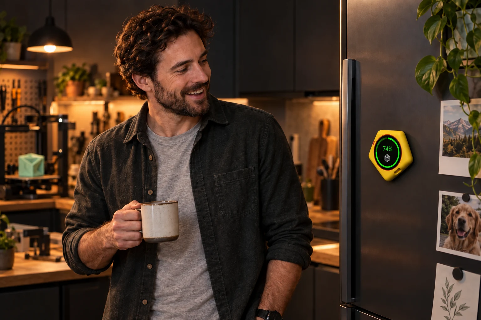 A man with his coffee talking to a PrintDeck mounted on the fridge